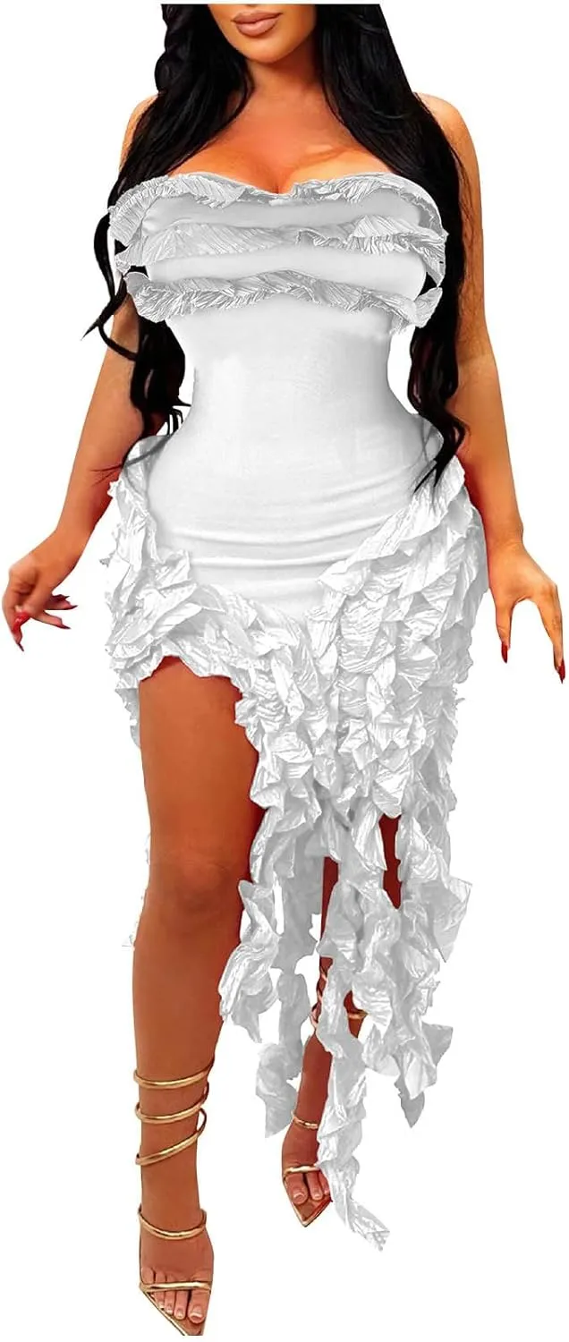 hlysgo Womens Ruffle Fringe Mini Dress Sexy Off Shoulder Cocktail Party Club Bodycon Tassel Dresses Sexy Y2k Dress