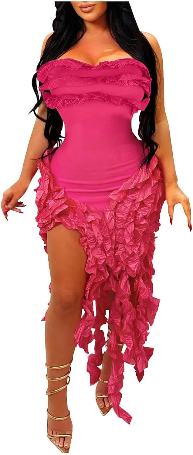 hlysgo Womens Ruffle Fringe Mini Dress Sexy Off Shoulder Cocktail Party Club Bodycon Tassel Dresses Sexy Y2k Dress