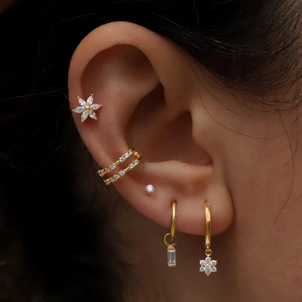 Huggie Hoop Earring with Charm, 14k Gold Mini Hoop, Baguette Diamond (0.20ct) Dangle Huggie, Tiny Charms, Everyday Dangle Earring.