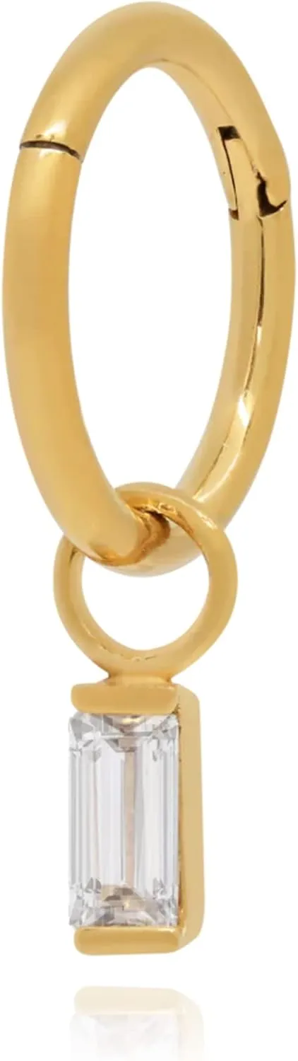 Huggie Hoop Earring with Charm, 14k Gold Mini Hoop, Baguette Diamond (0.20ct) Dangle Huggie, Tiny Charms, Everyday Dangle Earring.