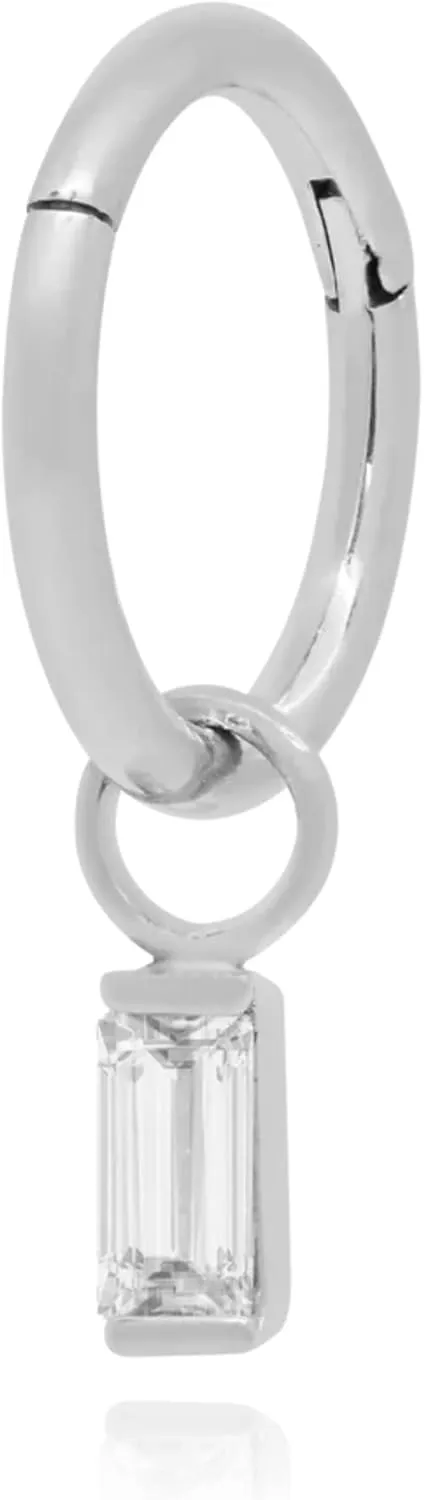 Huggie Hoop Earring with Charm, 14k Gold Mini Hoop, Baguette Diamond (0.20ct) Dangle Huggie, Tiny Charms, Everyday Dangle Earring.