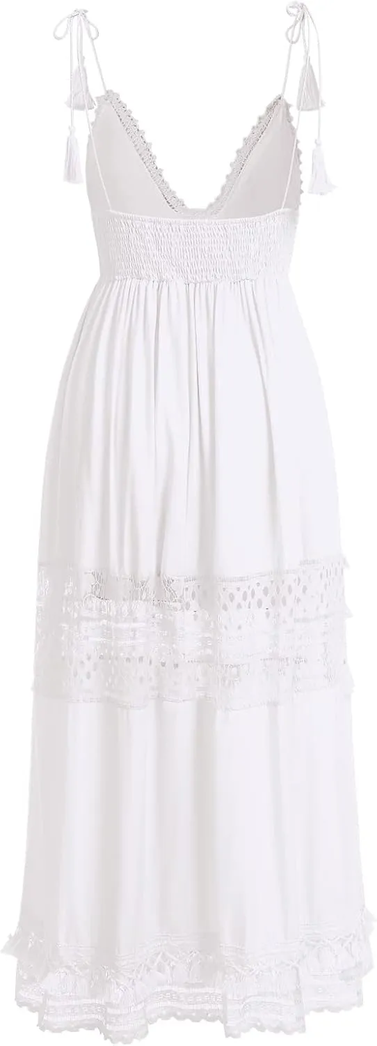 IDOPIP Women's Summer Boho Lace Maxi Dress Summer V-Neck Wedding Bridesmaid Cocktail Party Casual Beach Long Evening Dresses