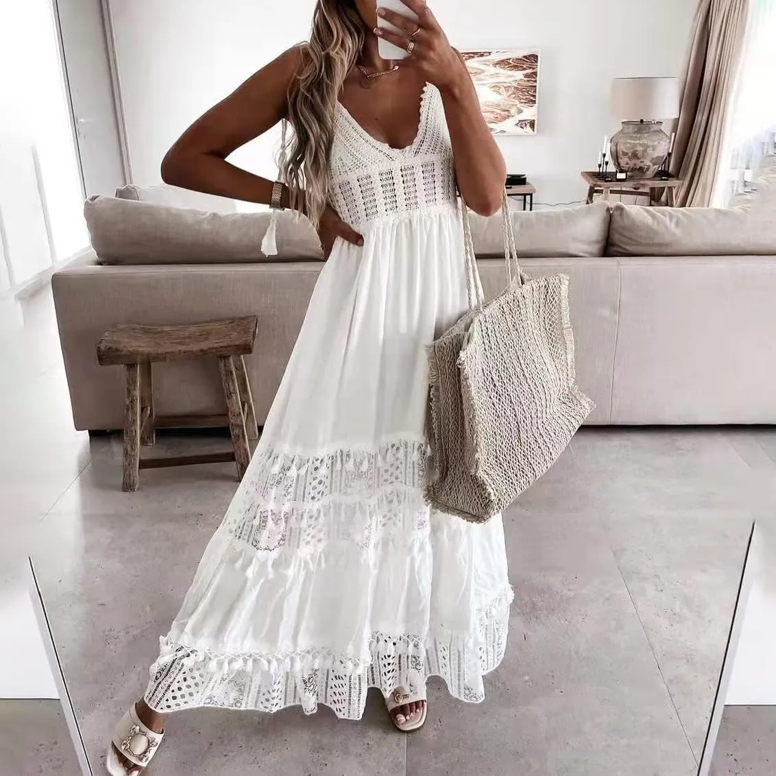 IDOPIP Women's Summer Boho Lace Maxi Dress Summer V-Neck Wedding Bridesmaid Cocktail Party Casual Beach Long Evening Dresses
