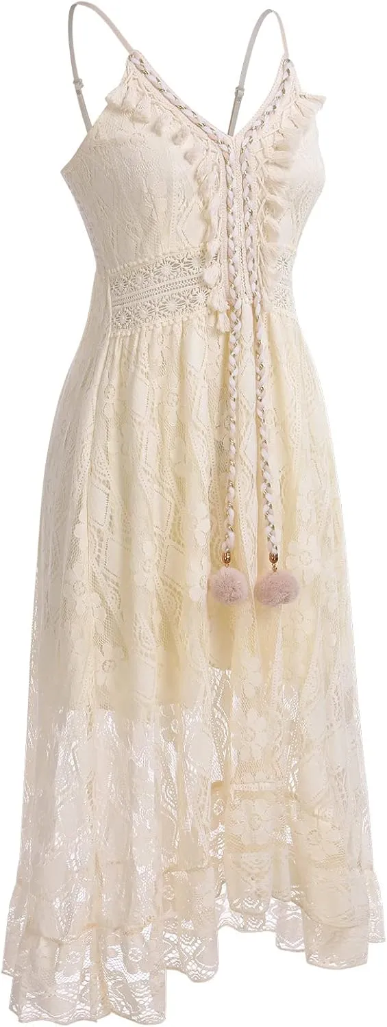 IDOPIP Women's Summer Boho Lace Maxi Dress Summer V-Neck Wedding Bridesmaid Cocktail Party Casual Beach Long Evening Dresses