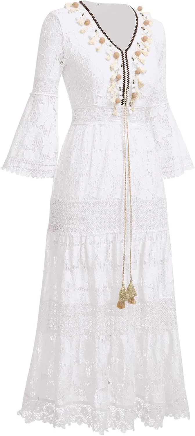 IDOPIP Women's Summer Boho Lace Maxi Dress Summer V-Neck Wedding Bridesmaid Cocktail Party Casual Beach Long Evening Dresses