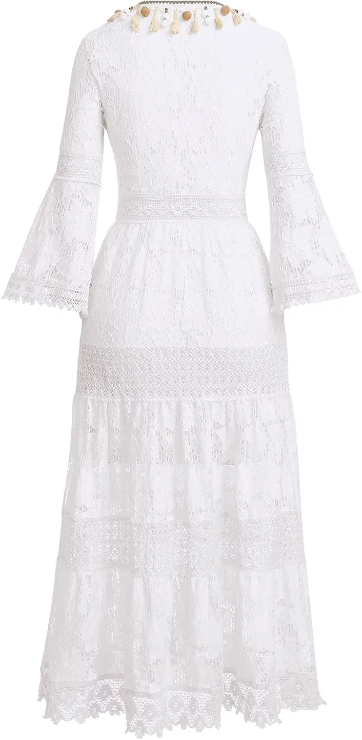 IDOPIP Women's Summer Boho Lace Maxi Dress Summer V-Neck Wedding Bridesmaid Cocktail Party Casual Beach Long Evening Dresses