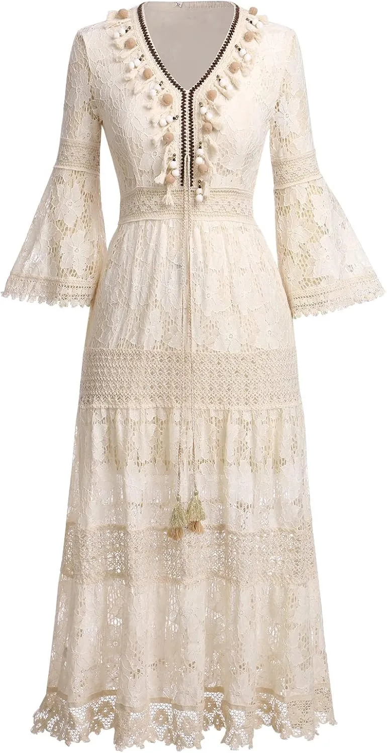 IDOPIP Women's Summer Boho Lace Maxi Dress Summer V-Neck Wedding Bridesmaid Cocktail Party Casual Beach Long Evening Dresses