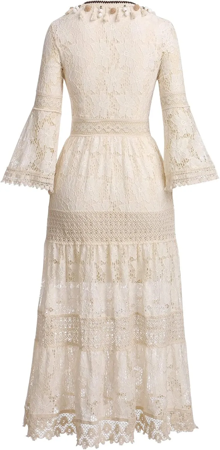 IDOPIP Women's Summer Boho Lace Maxi Dress Summer V-Neck Wedding Bridesmaid Cocktail Party Casual Beach Long Evening Dresses