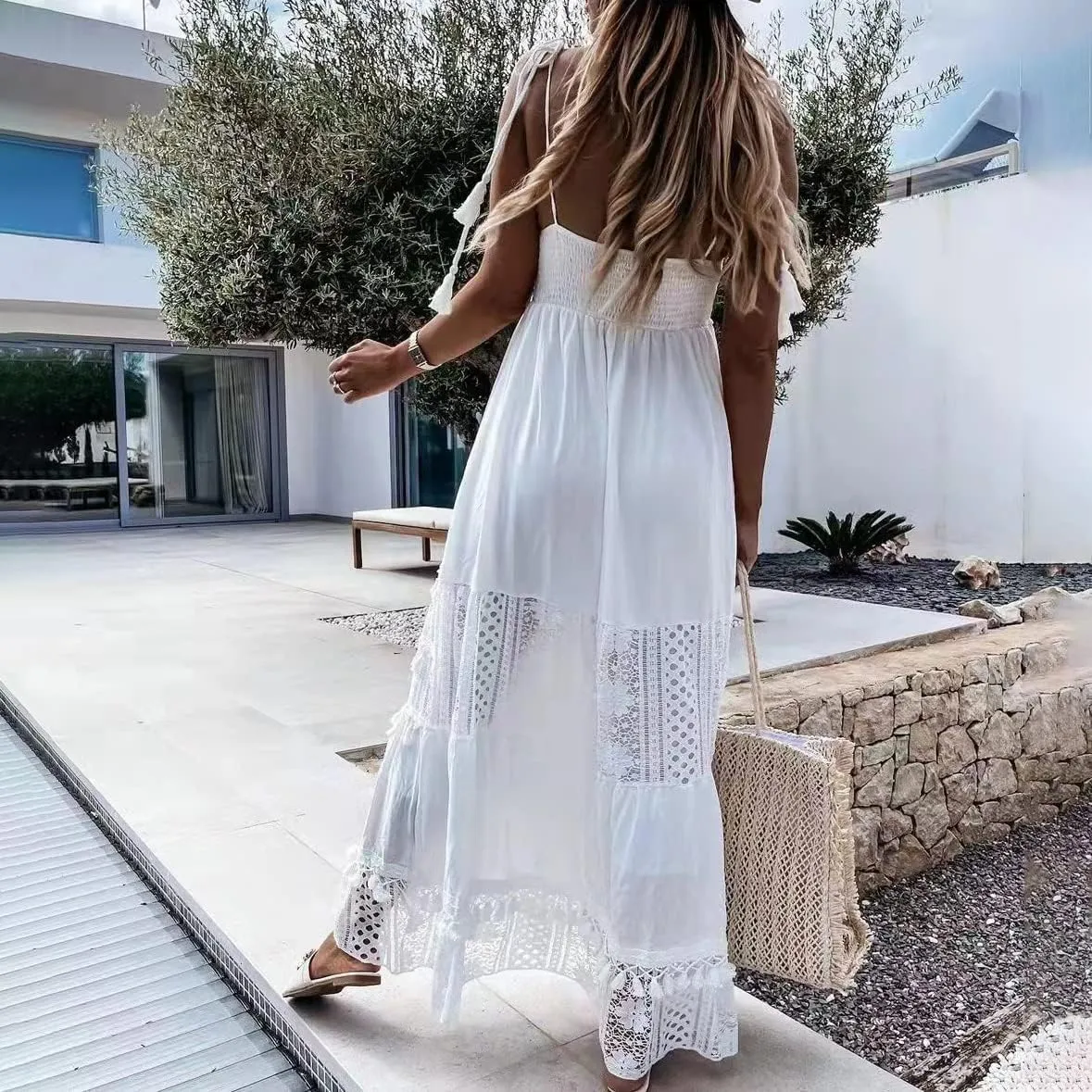IDOPIP Women's Summer Boho Lace Maxi Dress Summer V-Neck Wedding Bridesmaid Cocktail Party Casual Beach Long Evening Dresses