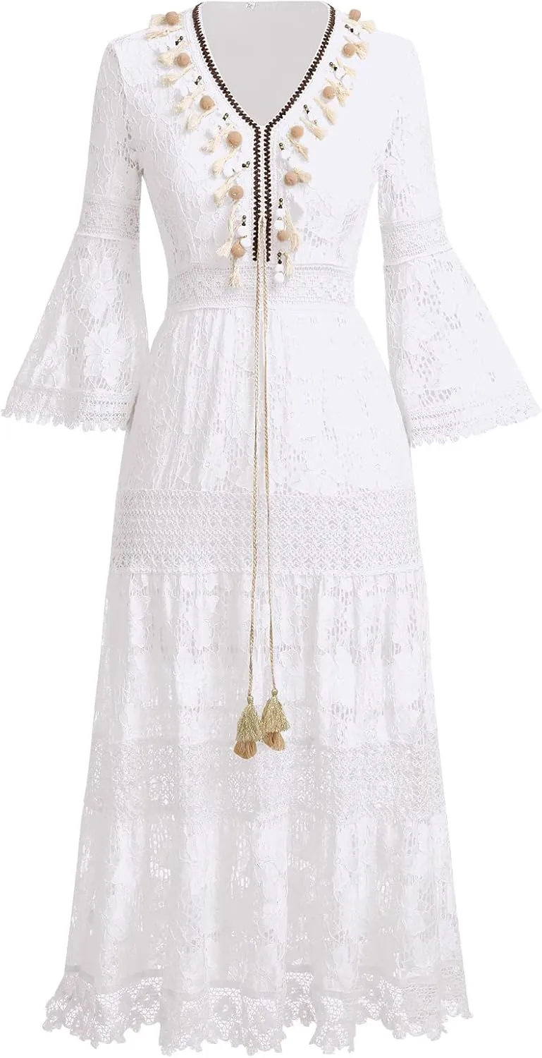 IDOPIP Women's Summer Boho Lace Maxi Dress Summer V-Neck Wedding Bridesmaid Cocktail Party Casual Beach Long Evening Dresses