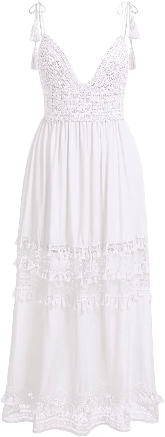 IDOPIP Women's Summer Boho Lace Maxi Dress Summer V-Neck Wedding Bridesmaid Cocktail Party Casual Beach Long Evening Dresses