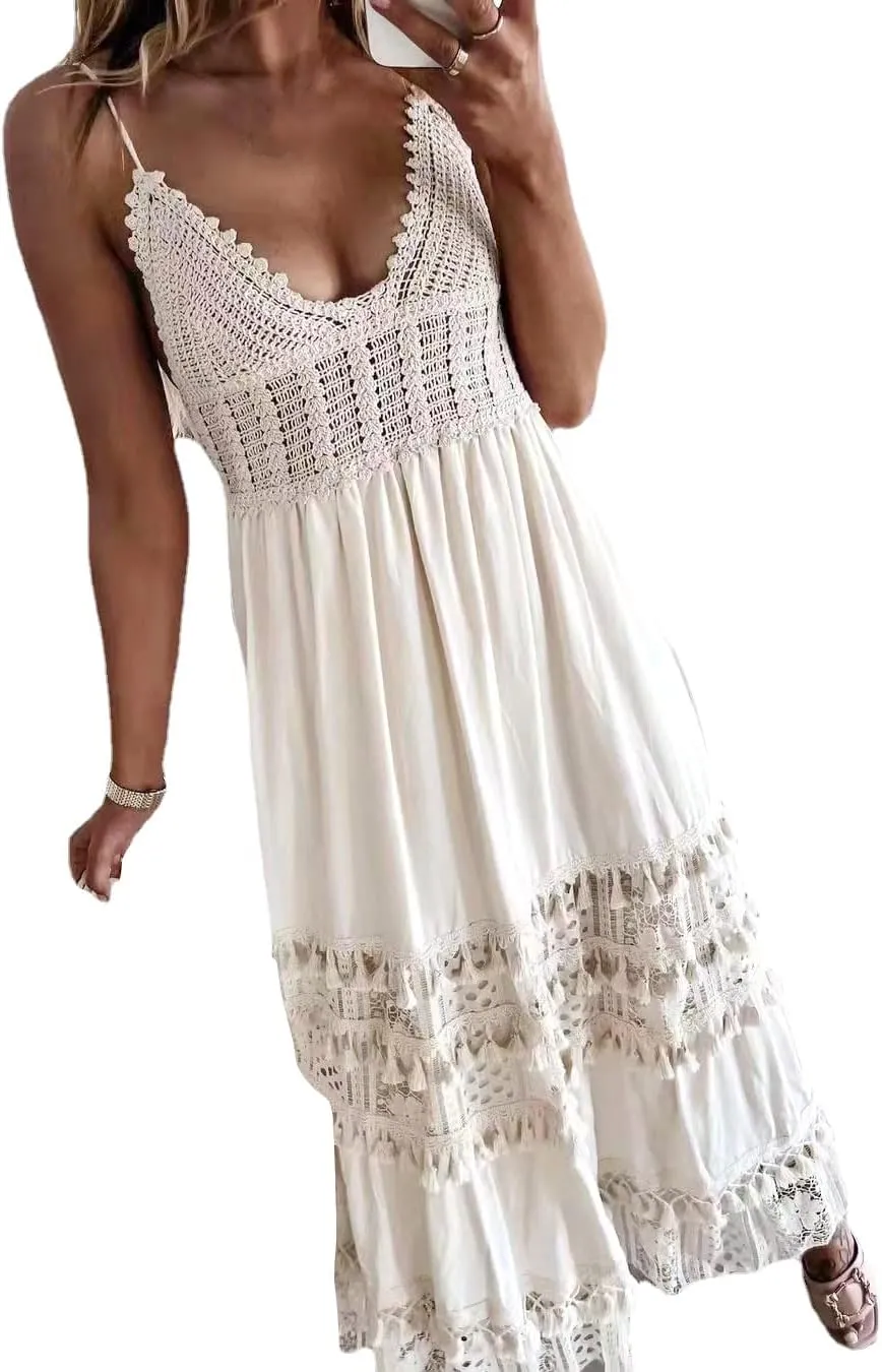 IDOPIP Women's Summer Boho Lace Maxi Dress Summer V-Neck Wedding Bridesmaid Cocktail Party Casual Beach Long Evening Dresses