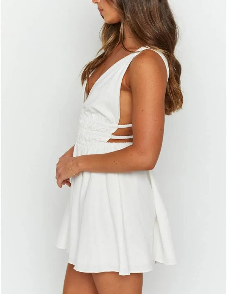IMISSILLEB Women's Spaghetti Straps Mini Dresses Sexy Deep V-Neck Ruffle Hem Backless Dress Party Cocktail Summer Beach Dress
