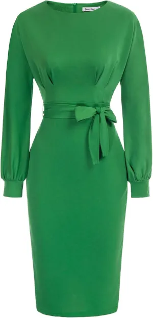 JASAMBAC Women's Bodycon Pencil Dress Office Wear to Work Dresses with Pocket Belt