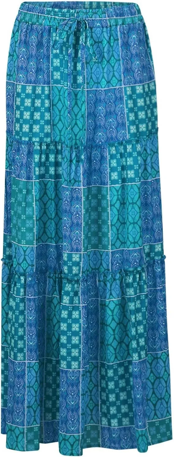 JJHAEVDY Womens Summer Boho Flowy Swing Tiered A-Line Midi Skirt 2025 Fashion Trendy Elastic Waist Pleated Long Beach Dress