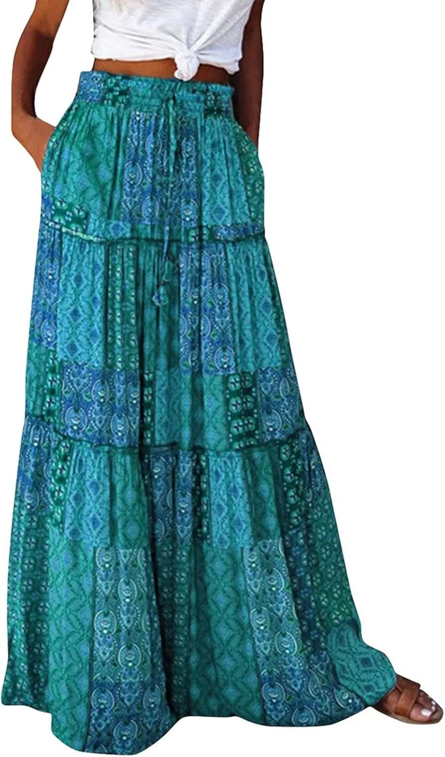 JJHAEVDY Womens Summer Boho Flowy Swing Tiered A-Line Midi Skirt 2025 Fashion Trendy Elastic Waist Pleated Long Beach Dress