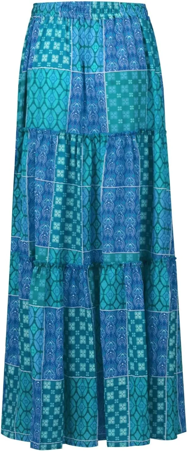 JJHAEVDY Womens Summer Boho Flowy Swing Tiered A-Line Midi Skirt 2025 Fashion Trendy Elastic Waist Pleated Long Beach Dress