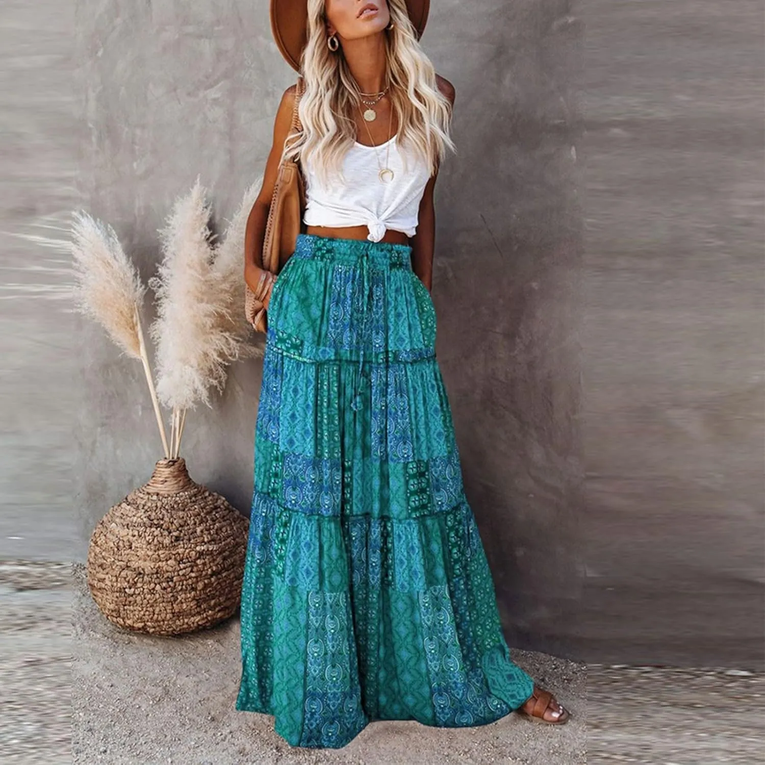 JJHAEVDY Womens Summer Boho Flowy Swing Tiered A-Line Midi Skirt 2025 Fashion Trendy Elastic Waist Pleated Long Beach Dress
