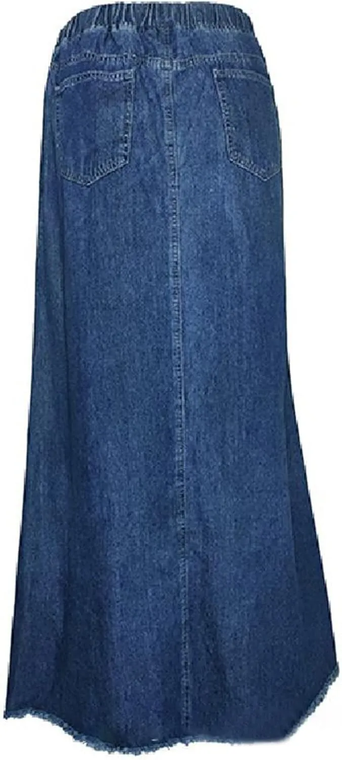JOAU Women's Casual Elastic High Waist Plus Size Denim Long Skirt Frayed Hem A-Line Distressed Hippie Pockets Maxi Skirts