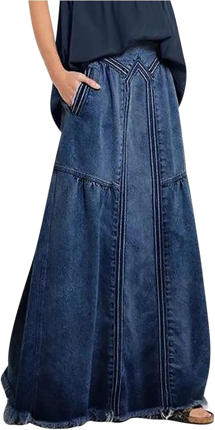 JOAU Women's Casual Elastic High Waist Plus Size Denim Long Skirt Frayed Hem A-Line Distressed Hippie Pockets Maxi Skirts