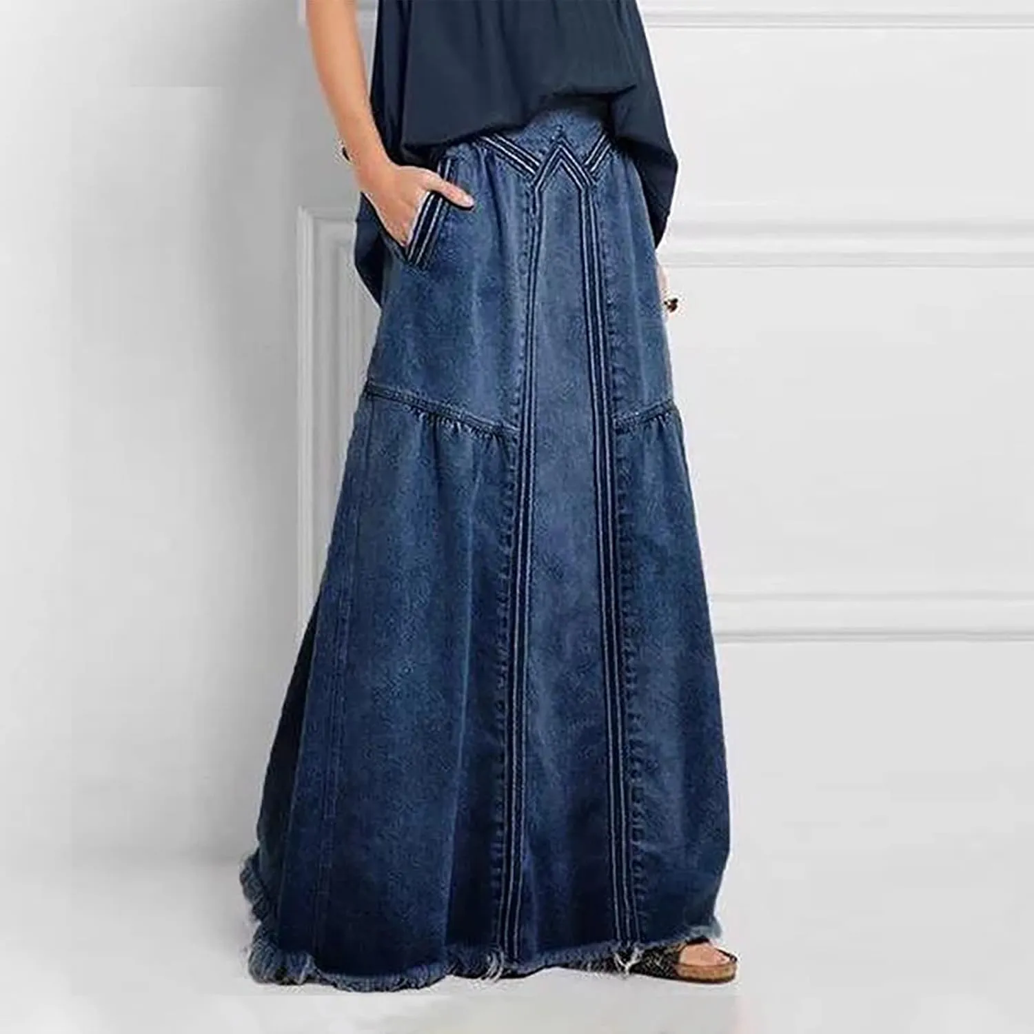 JOAU Women's Casual Elastic High Waist Plus Size Denim Long Skirt Frayed Hem A-Line Distressed Hippie Pockets Maxi Skirts