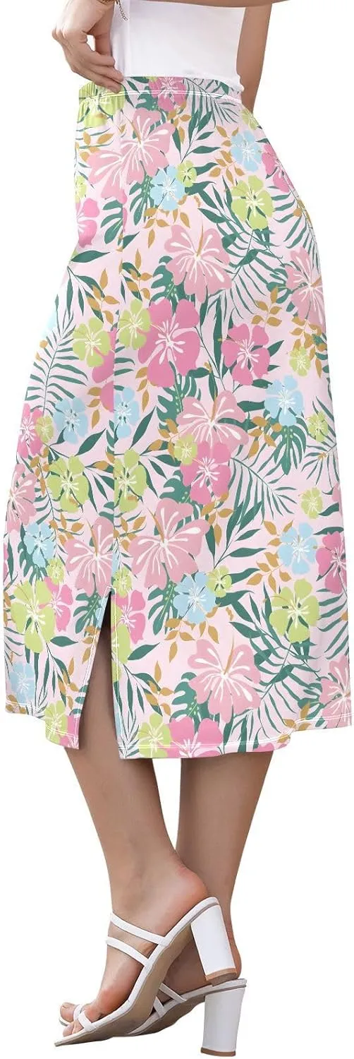 Joisal Chic Floral Pink Women Skirts Midi Length Skirt with Slit for Women, Women's Long Skirt Elastic Skirts for Women