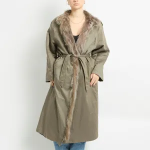 Khaki Sateen Fur Lined Long Trench Coat - UK 12