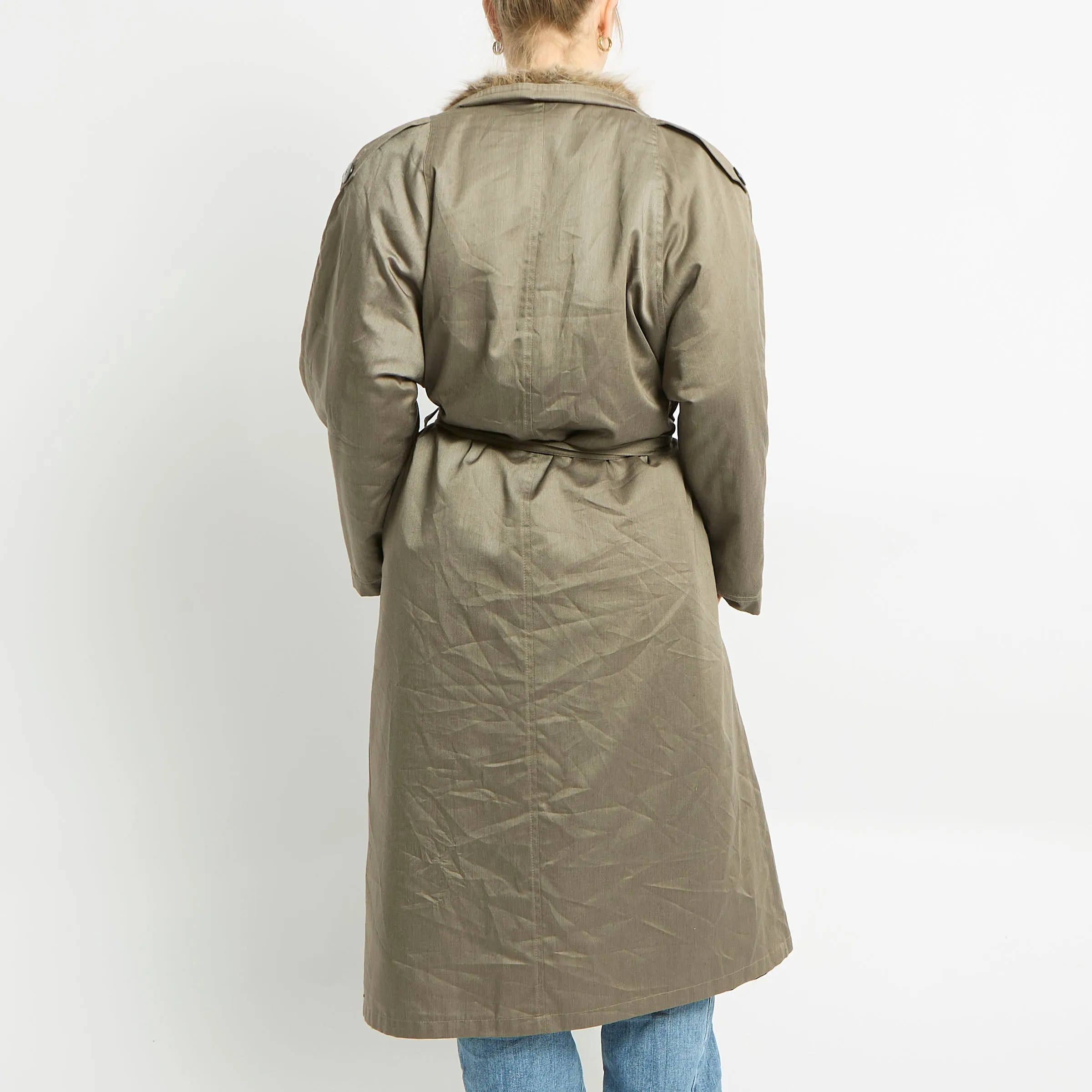 Khaki Sateen Fur Lined Long Trench Coat - UK 12