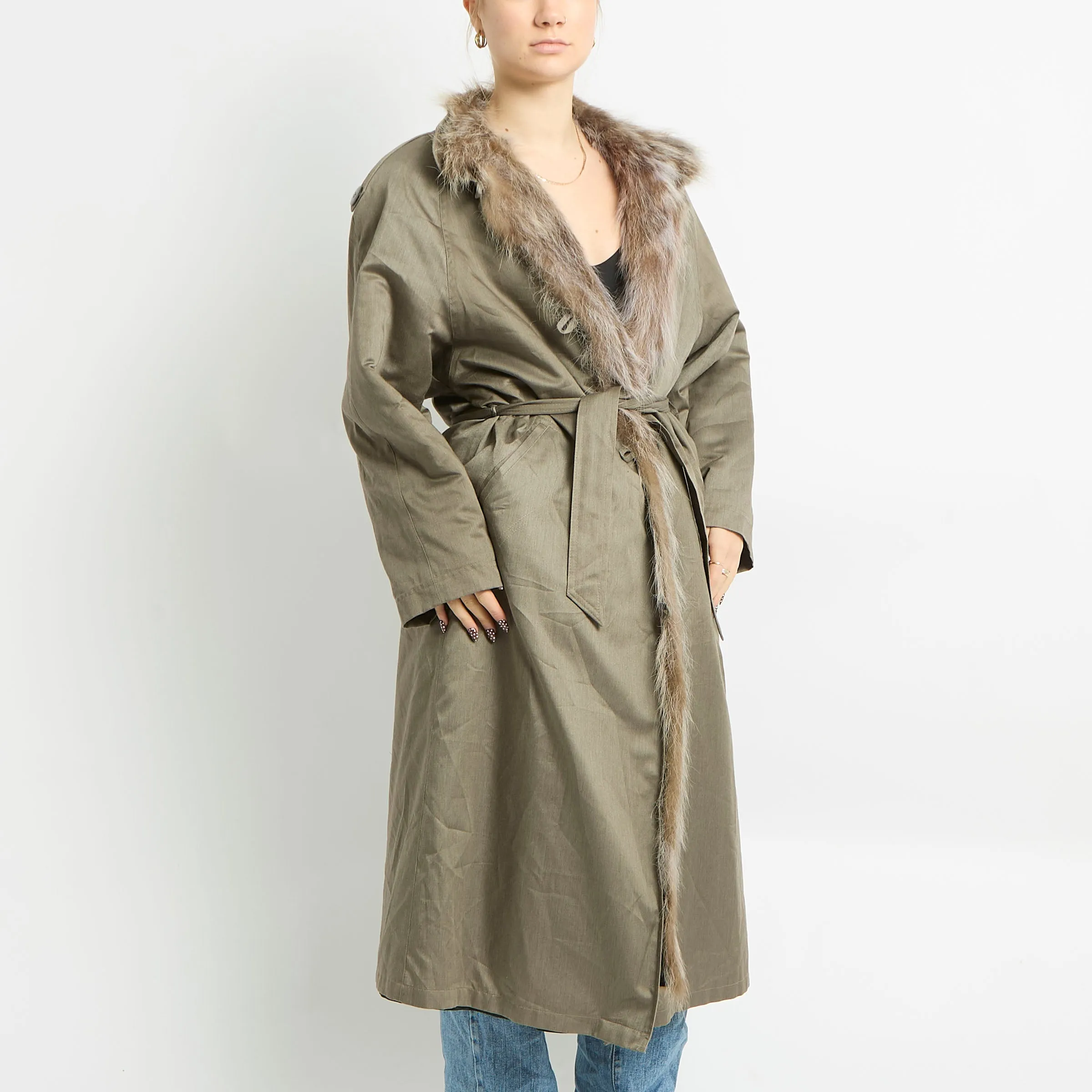 Khaki Sateen Fur Lined Long Trench Coat - UK 12