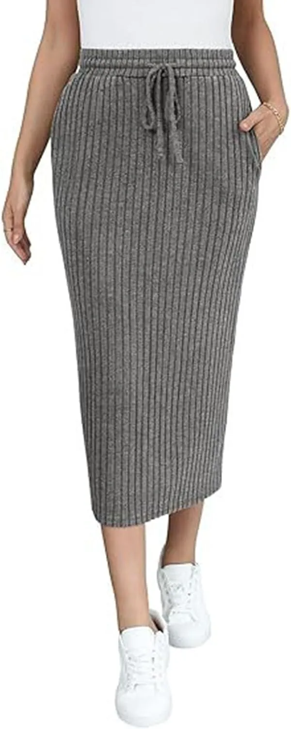 Knit Work Skirt for Women Summer Breathable Stretchy Drawstring Casual Midi High Waisted Bodycon Skirt Outfit