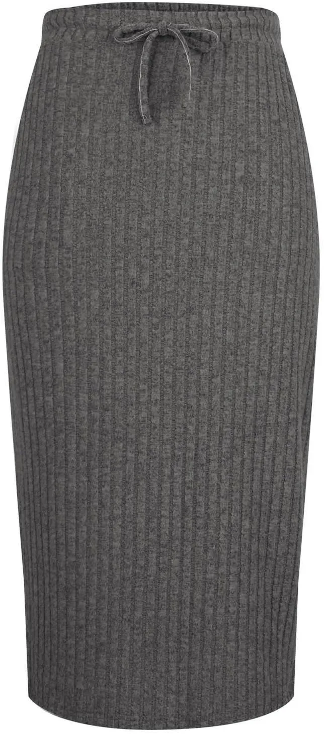 Knit Work Skirt for Women Summer Breathable Stretchy Drawstring Casual Midi High Waisted Bodycon Skirt Outfit