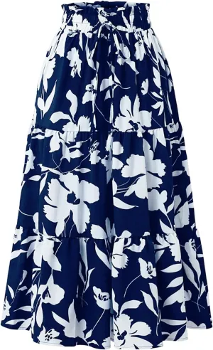 KUIOLYPOER Women Summer Maxi Skirt Casual Elastic High Waist Pleated A-Line Flowy Swing Tiered Beach Vacation Skirts