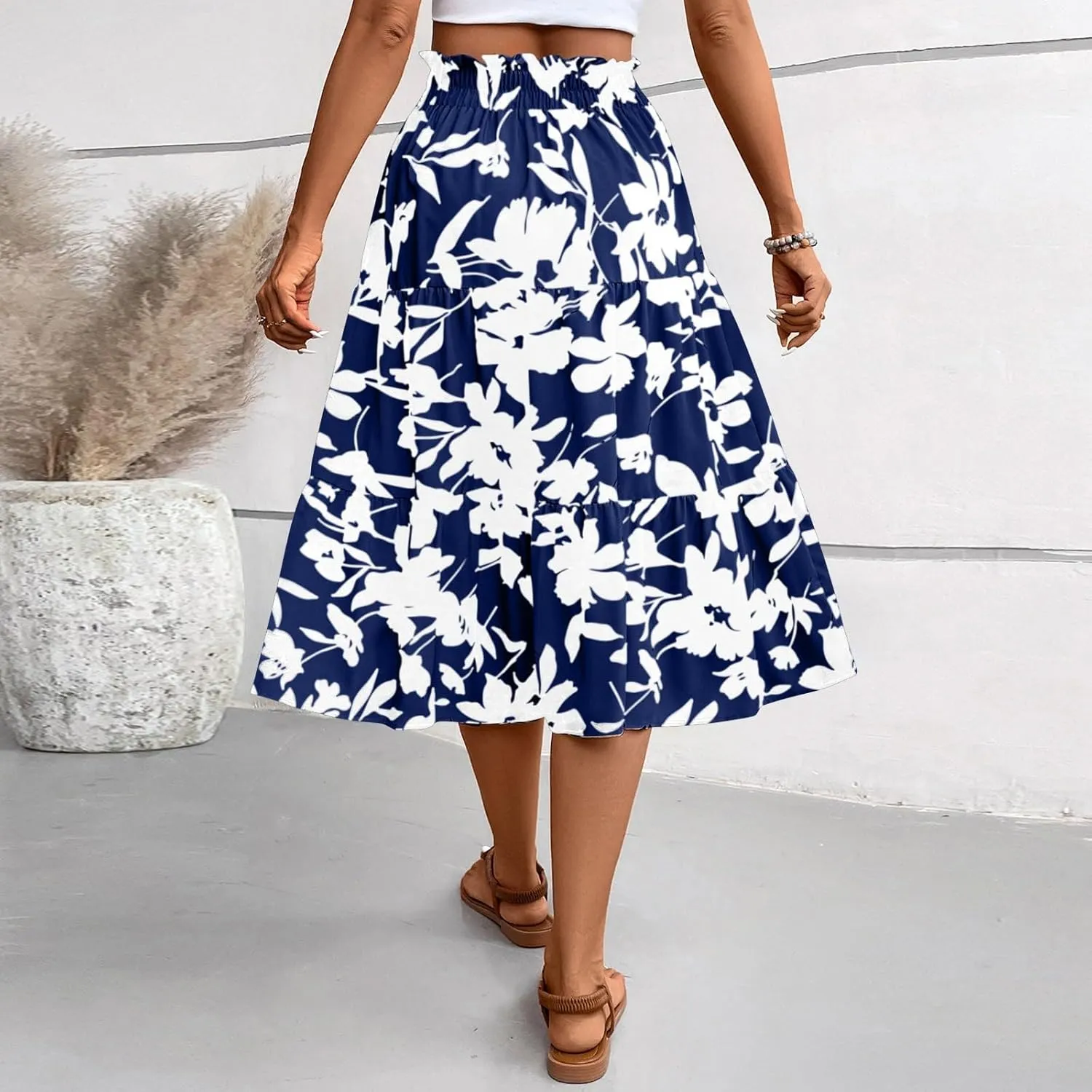 KUIOLYPOER Women Summer Maxi Skirt Casual Elastic High Waist Pleated A-Line Flowy Swing Tiered Beach Vacation Skirts