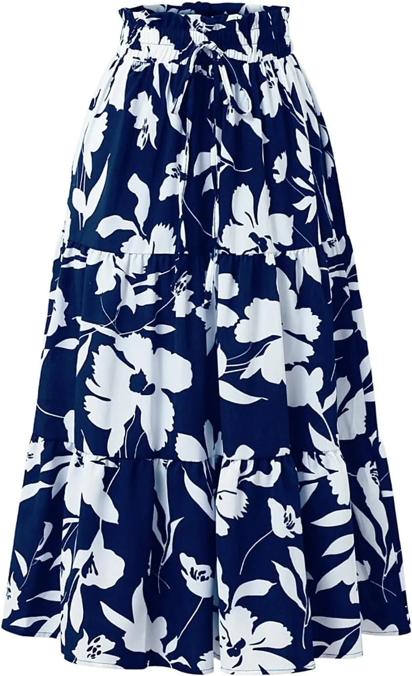 KUIOLYPOER Women Summer Maxi Skirt Casual Elastic High Waist Pleated A-Line Flowy Swing Tiered Beach Vacation Skirts