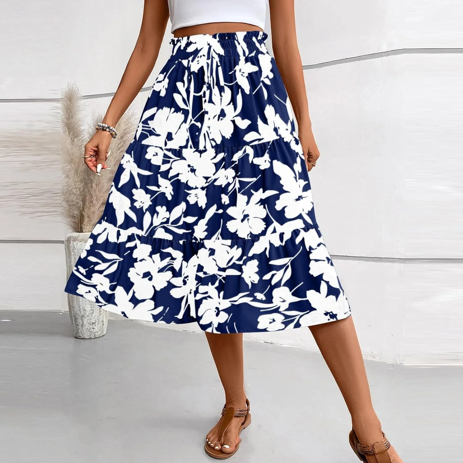 KUIOLYPOER Women Summer Maxi Skirt Casual Elastic High Waist Pleated A-Line Flowy Swing Tiered Beach Vacation Skirts