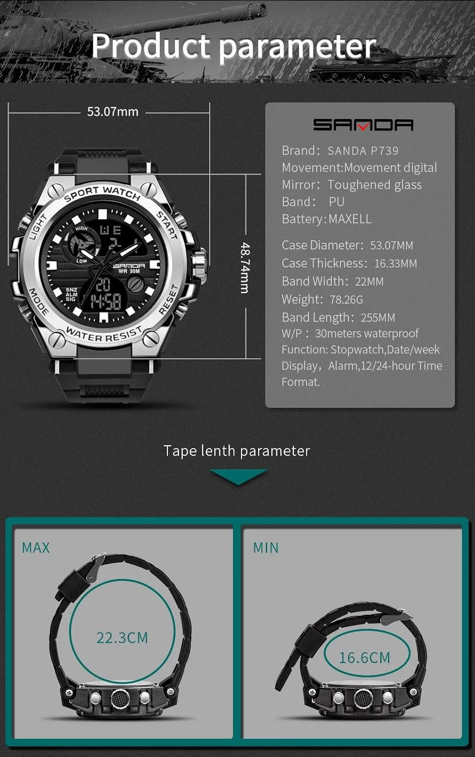 KXAITO Men's Watches Sports Outdoor Waterproof Military Watch Date Multi Function Tactics LED Alarm Stopwatch