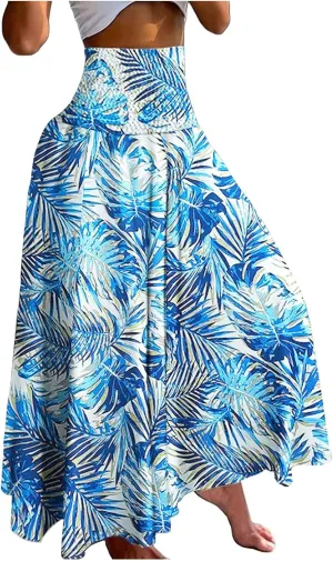 Ladies Boho Maxi Skirts Summer Beach Flowy Tiered High Waist A-Line Skirt Vintage Bohemian Mexico Vacation Outfits for Women