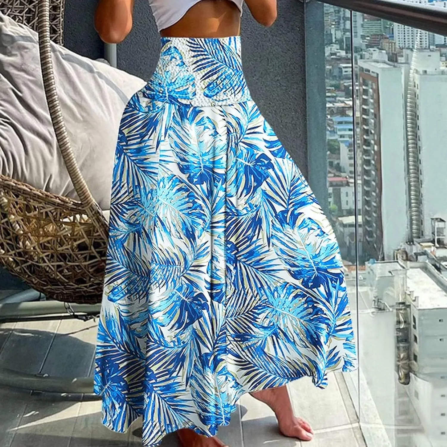 Ladies Boho Maxi Skirts Summer Beach Flowy Tiered High Waist A-Line Skirt Vintage Bohemian Mexico Vacation Outfits for Women