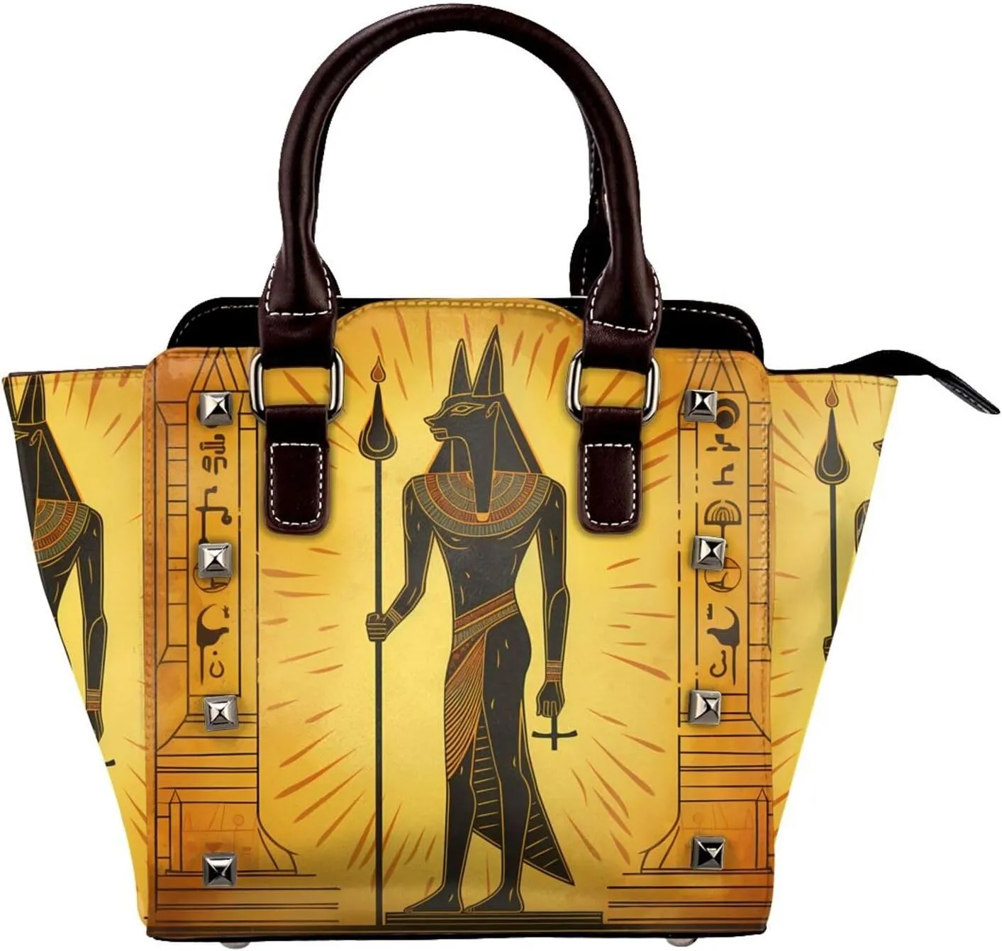 Leather Shoulder Bag for Women, Ancient Egypt Hieroglyph Studded Purse Ethnic Crossbody Handbags Punk Hobo Bag with Adjustable Strap
