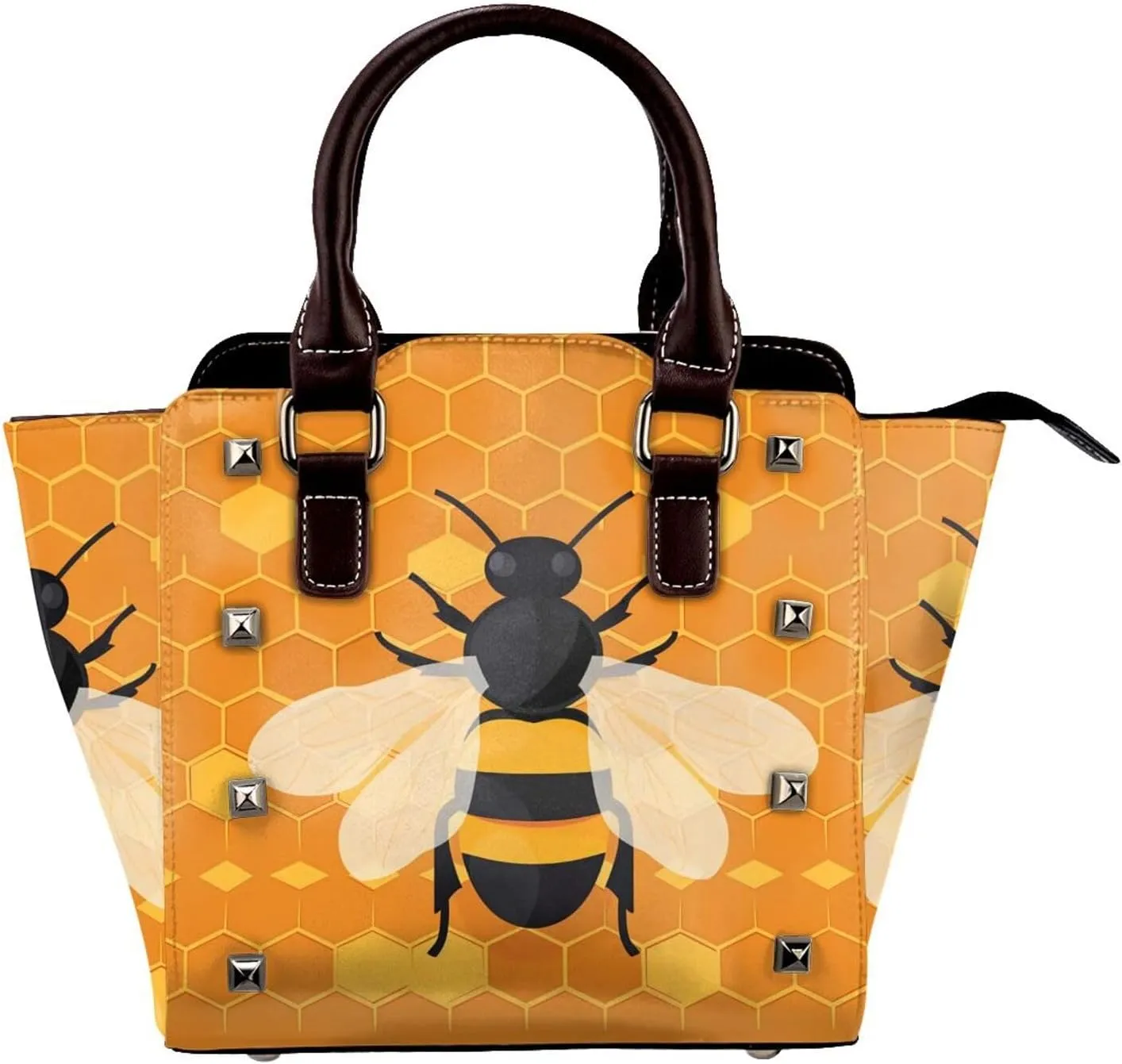 Leather Shoulder Bag for Women, Bee Geometric Studded Purse Honeycomb Crossbody Handbags Punk Hobo Bag with Adjustable Strap