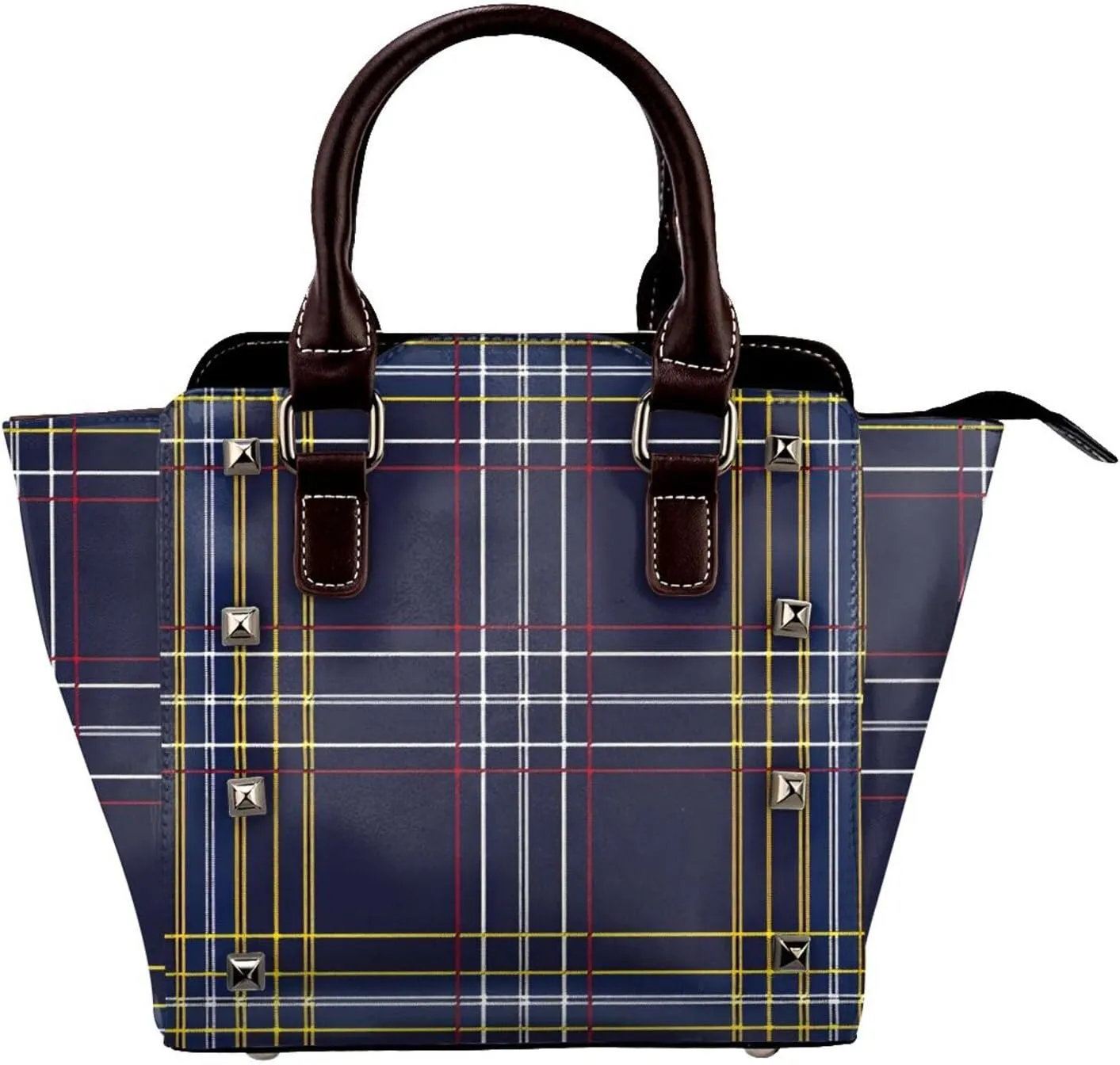 Leather Shoulder Bag for Women, Blue Yellow Plaid Studded Purse Vintage Check Crossbody Handbags Punk Hobo Bag with Adjustable Strap