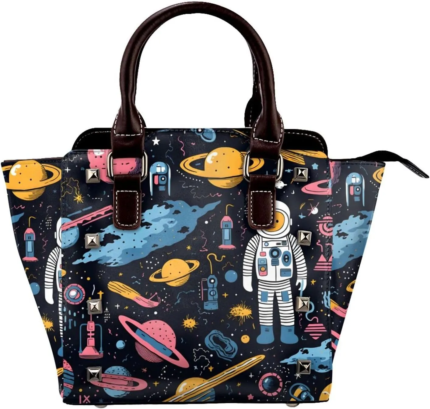 Leather Shoulder Bag for Women, Cartoon Universe Planet Studded Purse Space Astronaut Crossbody Handbags Punk Hobo Bag with Adjustable Strap