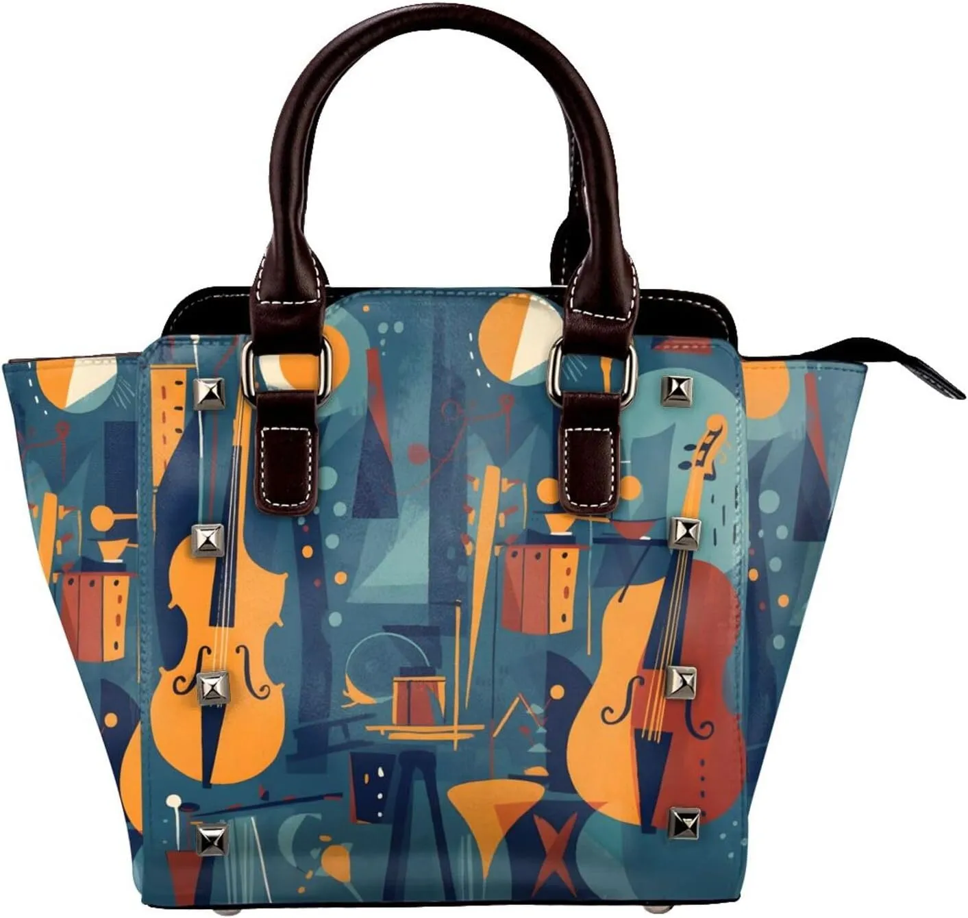 Leather Shoulder Bag for Women, Cello Violin Studded Purse Colorful Musical Crossbody Handbags Punk Hobo Bag with Adjustable Strap
