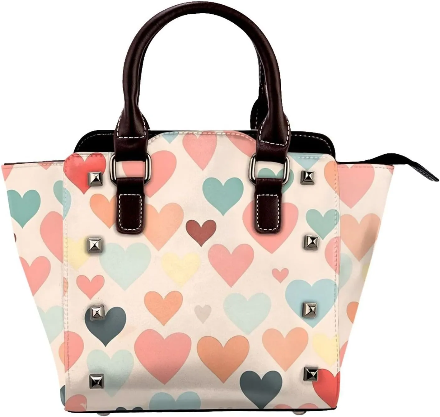 Leather Shoulder Bag for Women, Colorful Heart Studded Purse Valentine Love Crossbody Handbags Punk Hobo Bag with Adjustable Strap