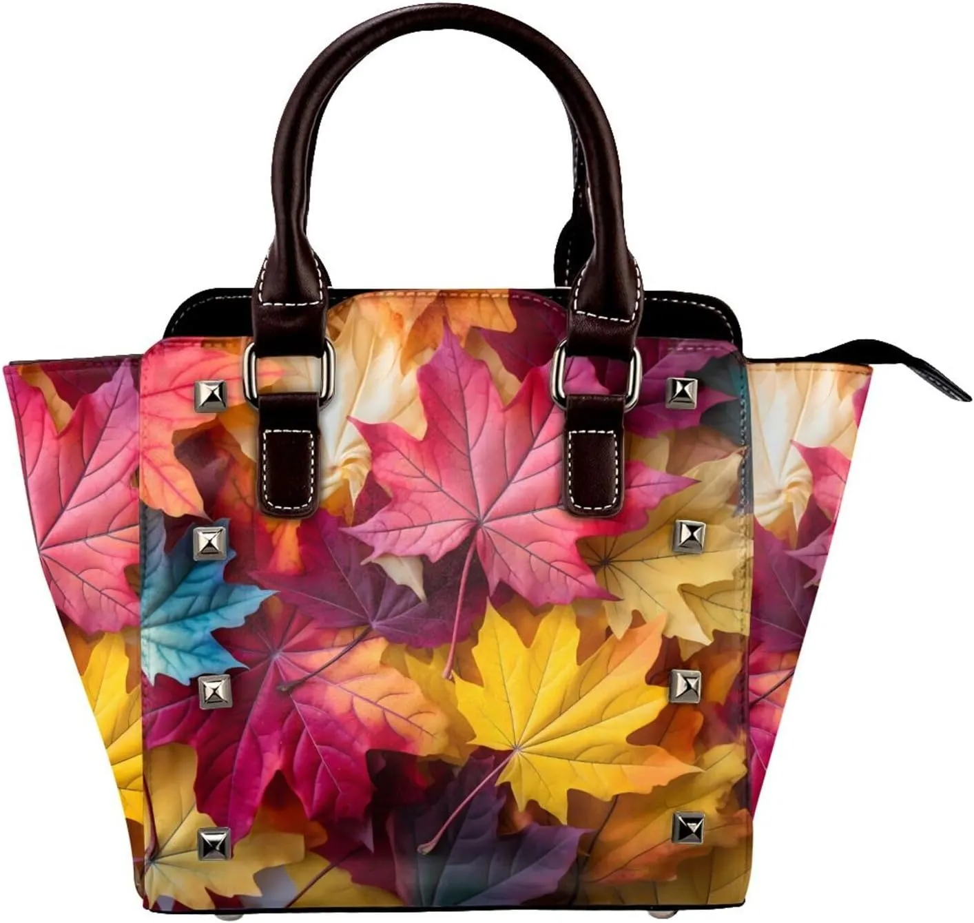 Leather Shoulder Bag for Women, Colorful Maple Studded Purse Fall Leaves Crossbody Handbags Punk Hobo Bag with Adjustable Strap
