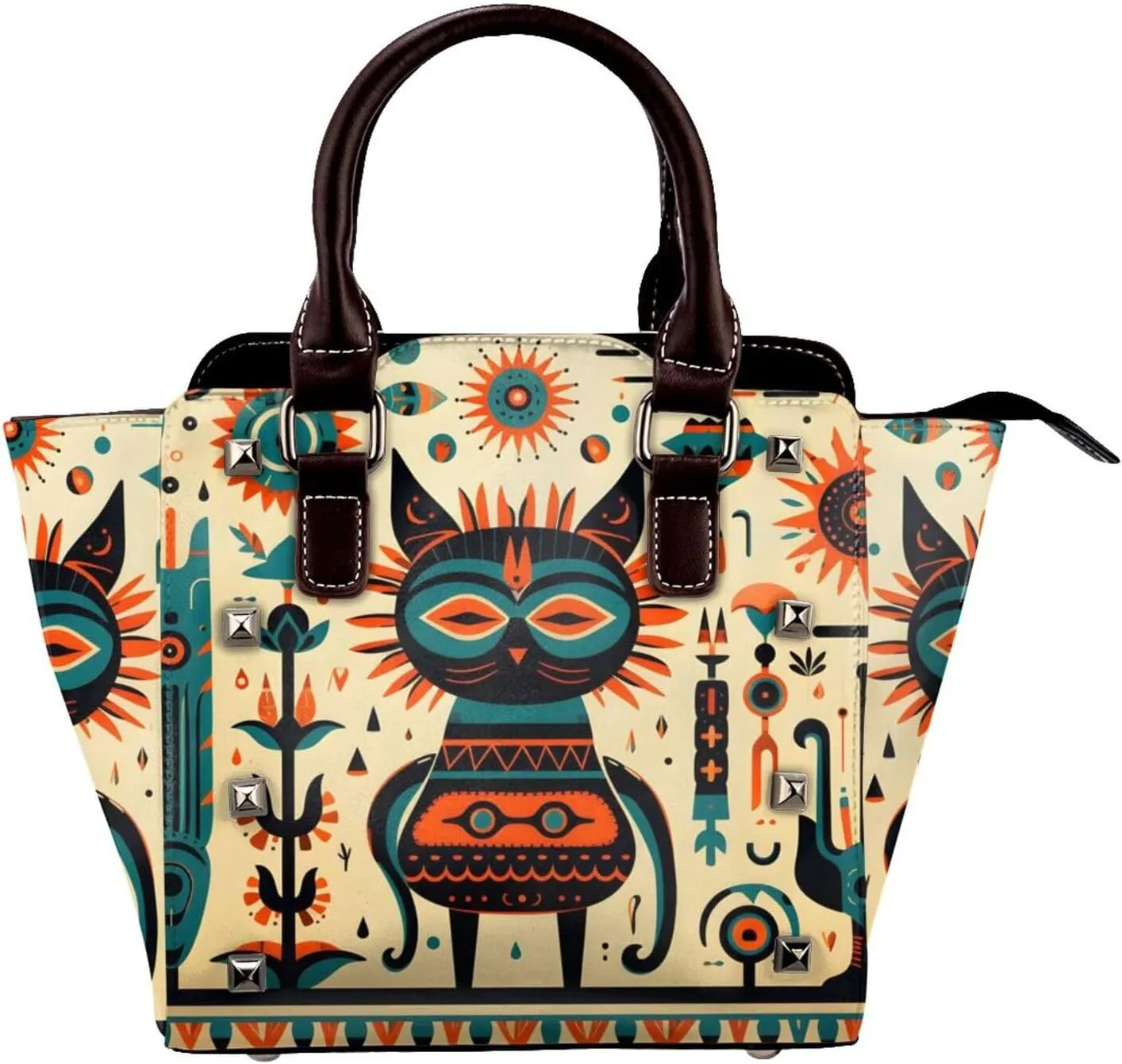 Leather Shoulder Bag for Women, Ethnic Cat Tree Studded Purse Art Geometric Crossbody Handbags Punk Hobo Bag with Adjustable Strap
