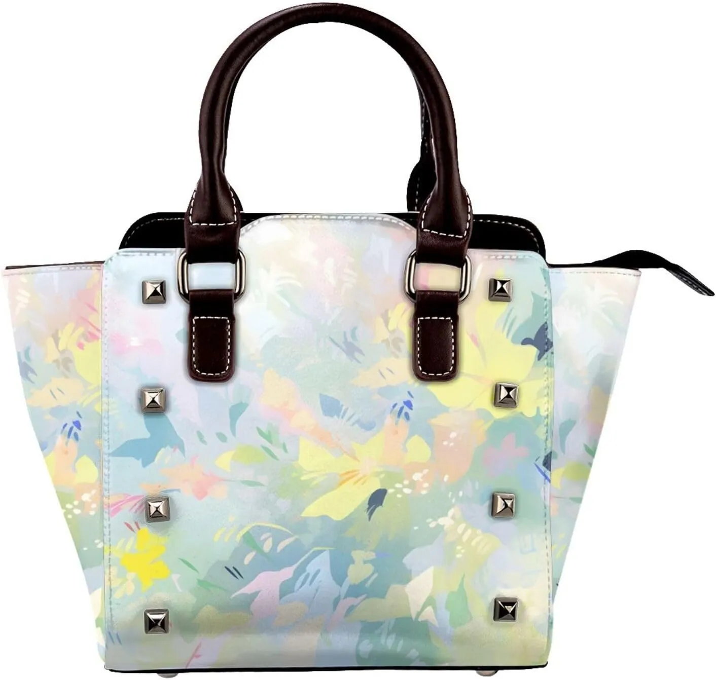 Leather Shoulder Bag for Women, Floral Leaves Studded Purse Oil Painting Flower Crossbody Handbags Punk Hobo Bag with Adjustable Strap
