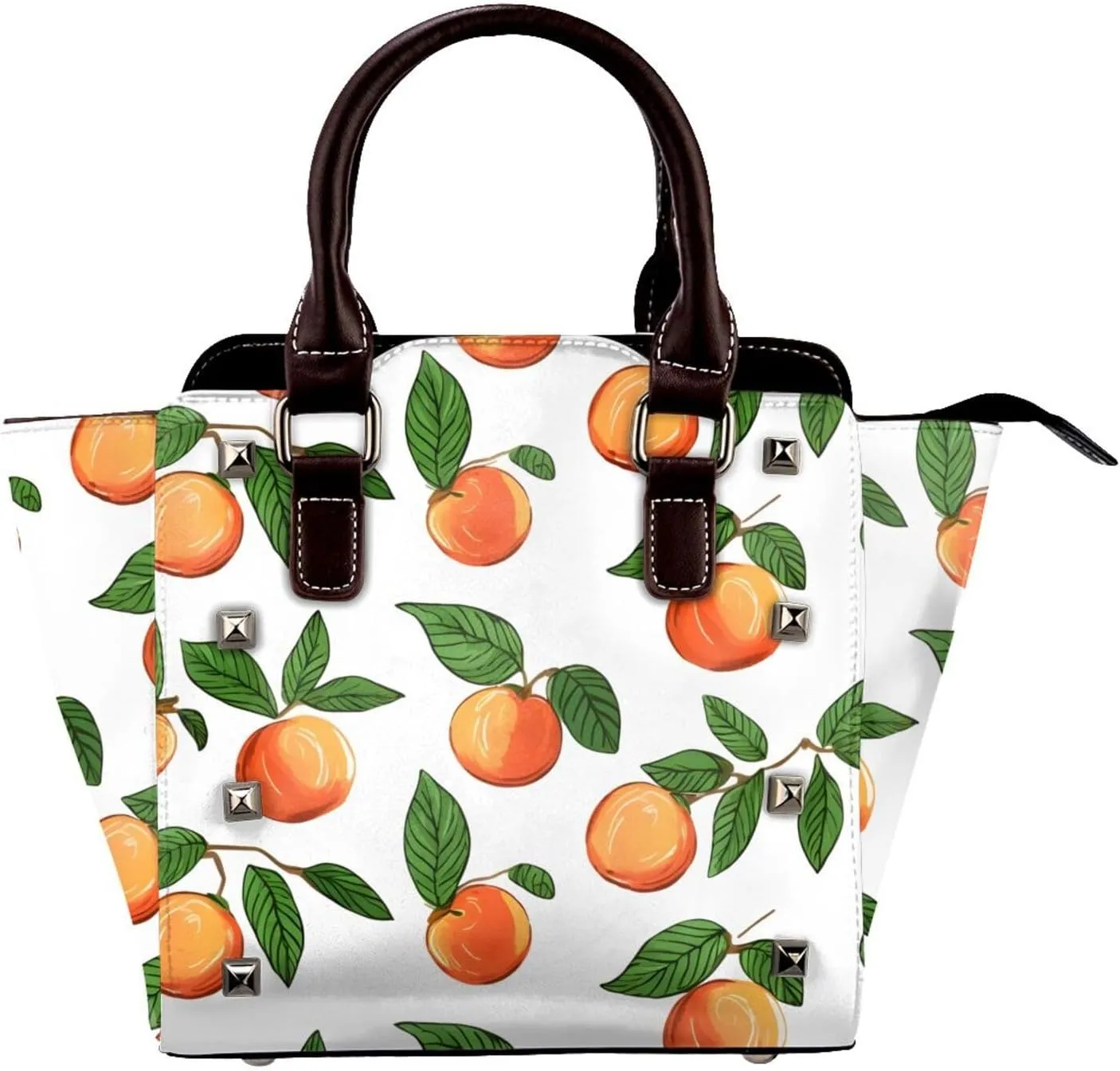 Leather Shoulder Bag for Women, Fruit Orange Studded Purse Leaves Flower Crossbody Handbags Punk Hobo Bag with Adjustable Strap