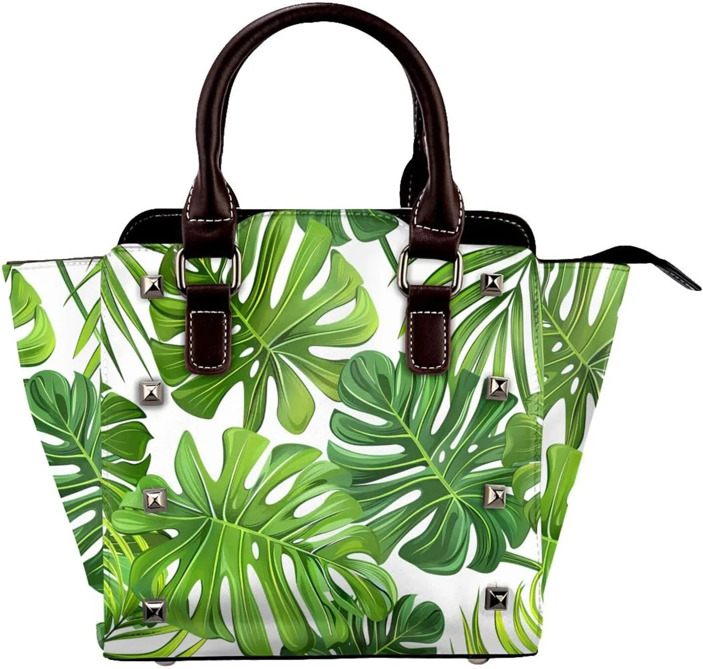 Leather Shoulder Bag for Women, Hawaii Leaves Studded Purse Tropical Palm Leaf Crossbody Handbags Punk Hobo Bag with Adjustable Strap