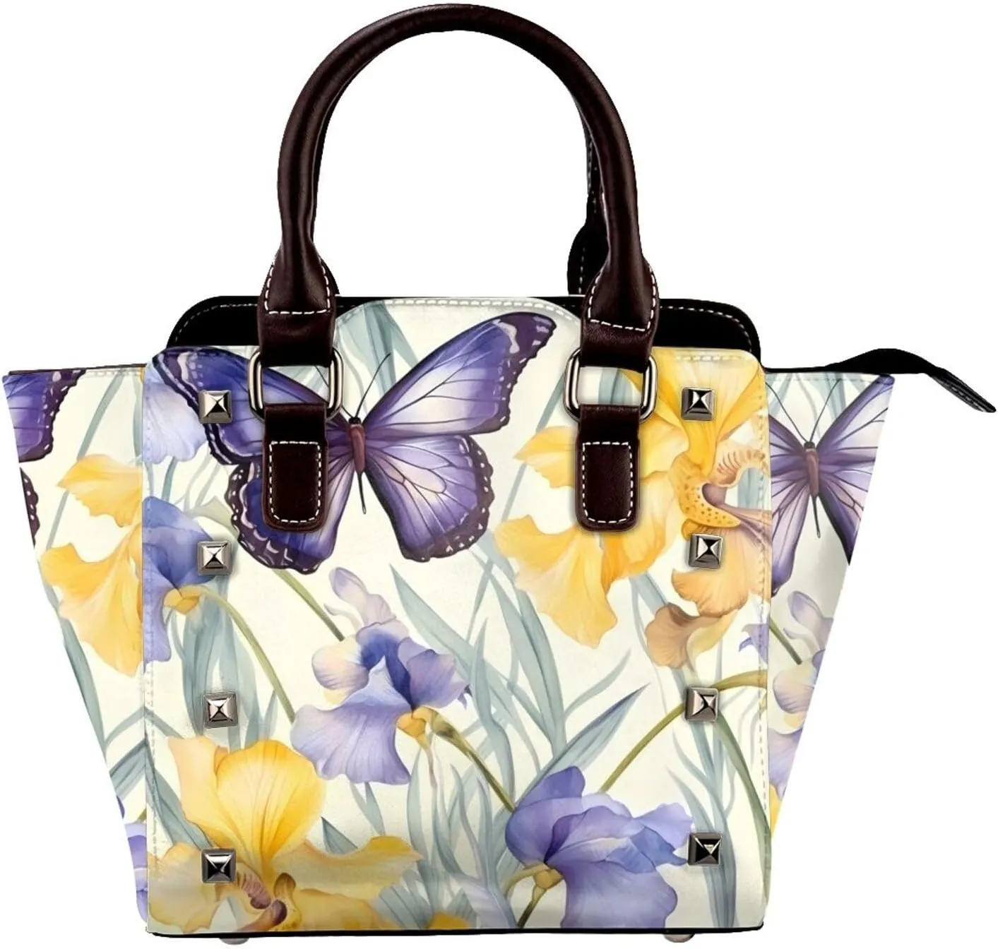 Leather Shoulder Bag for Women, Irises Flower Butterfly Studded Purse Floral Crossbody Handbags Punk Hobo Bag with Adjustable Strap